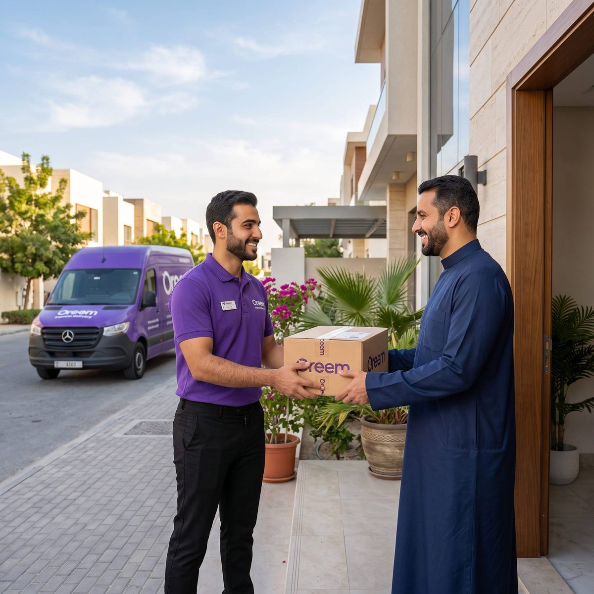 Oreem delivering a Turkey parcel to a door in Bahrain