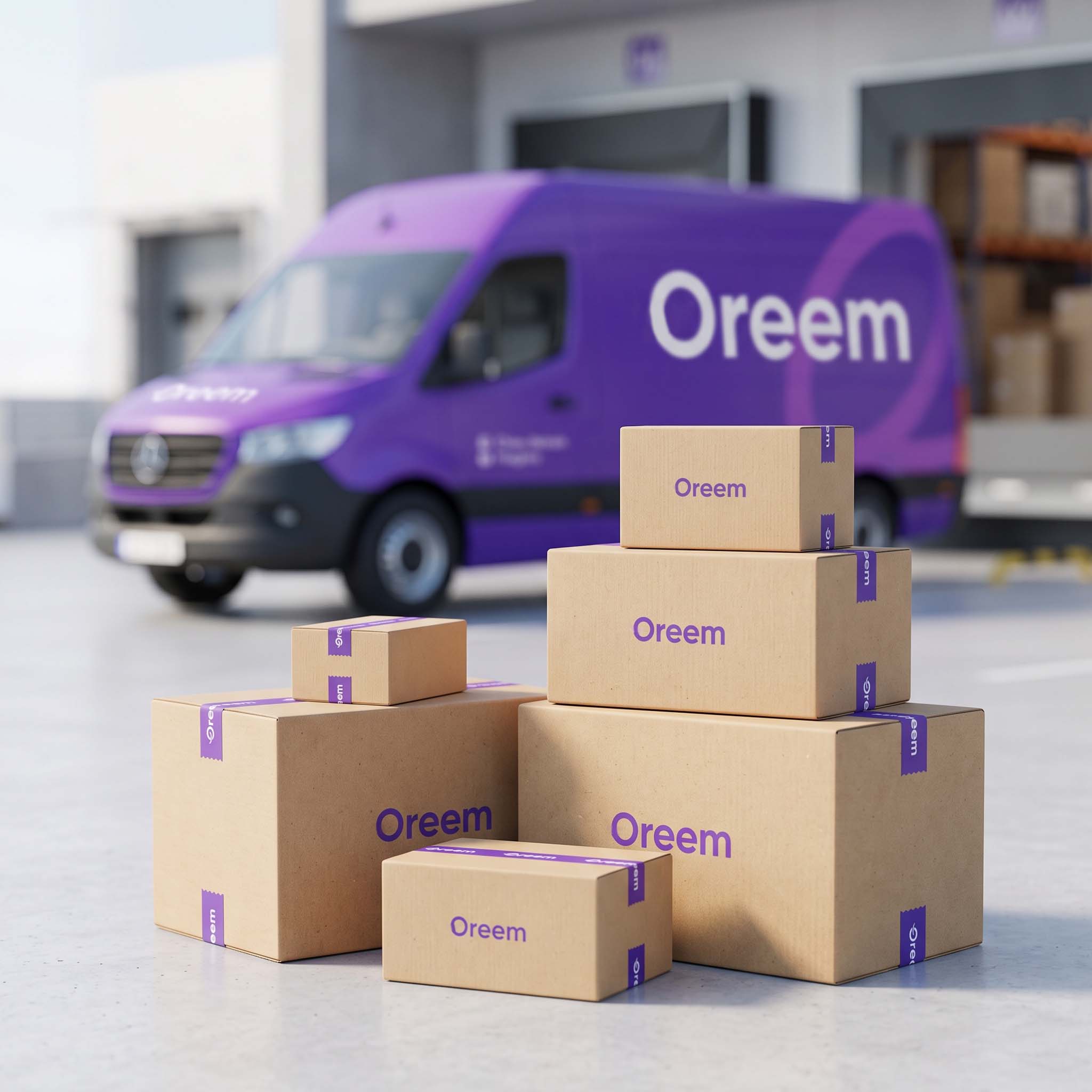 Packed Oreem parcels next to a delivery van, showing the shipping and delivery stages
