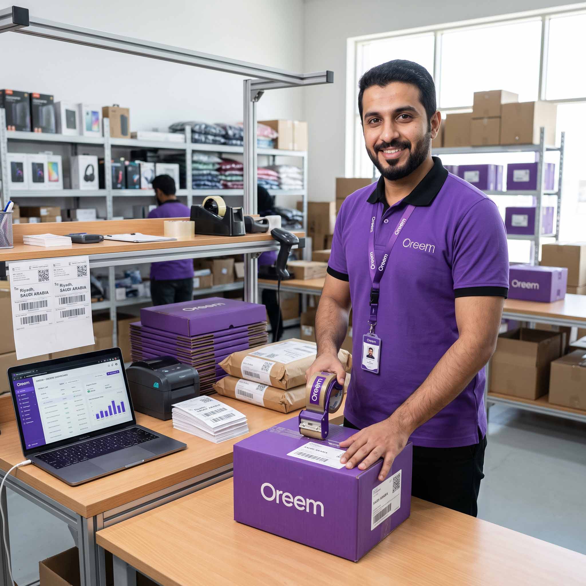 Oreem staff packing and labelling an online order at a packing station