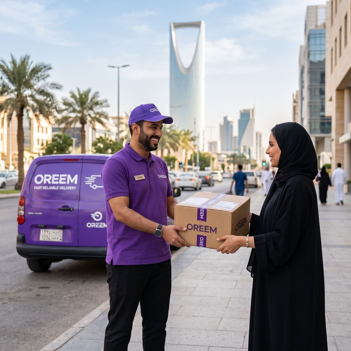 Oreem courier handing a parcel to a customer at their door