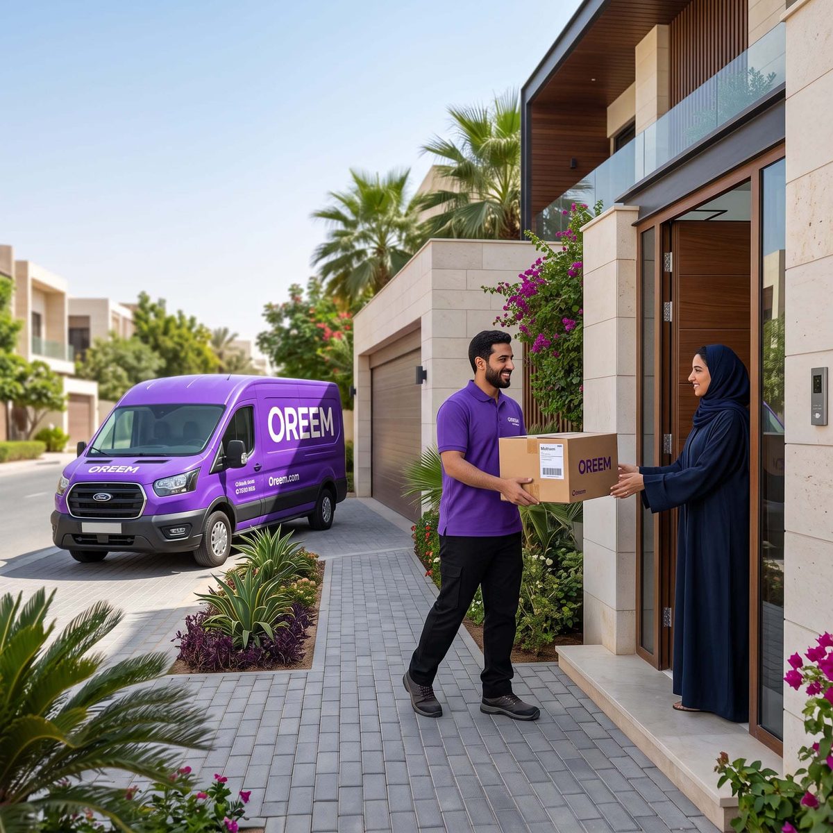 Oreem courier delivering a parcel to a villa in Saudi Arabia's Eastern Province