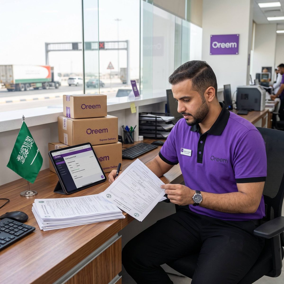 Oreem agent clearing Saudi customs paperwork at the King Fahd Causeway border