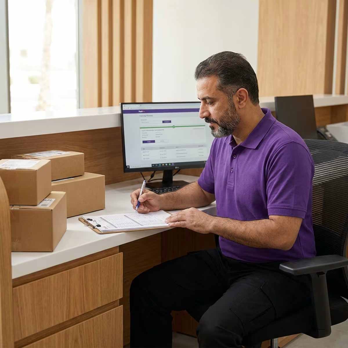 Oreem customs clearance agent in purple uniform handling Saudi customs paperwork at the King Fahd Causeway