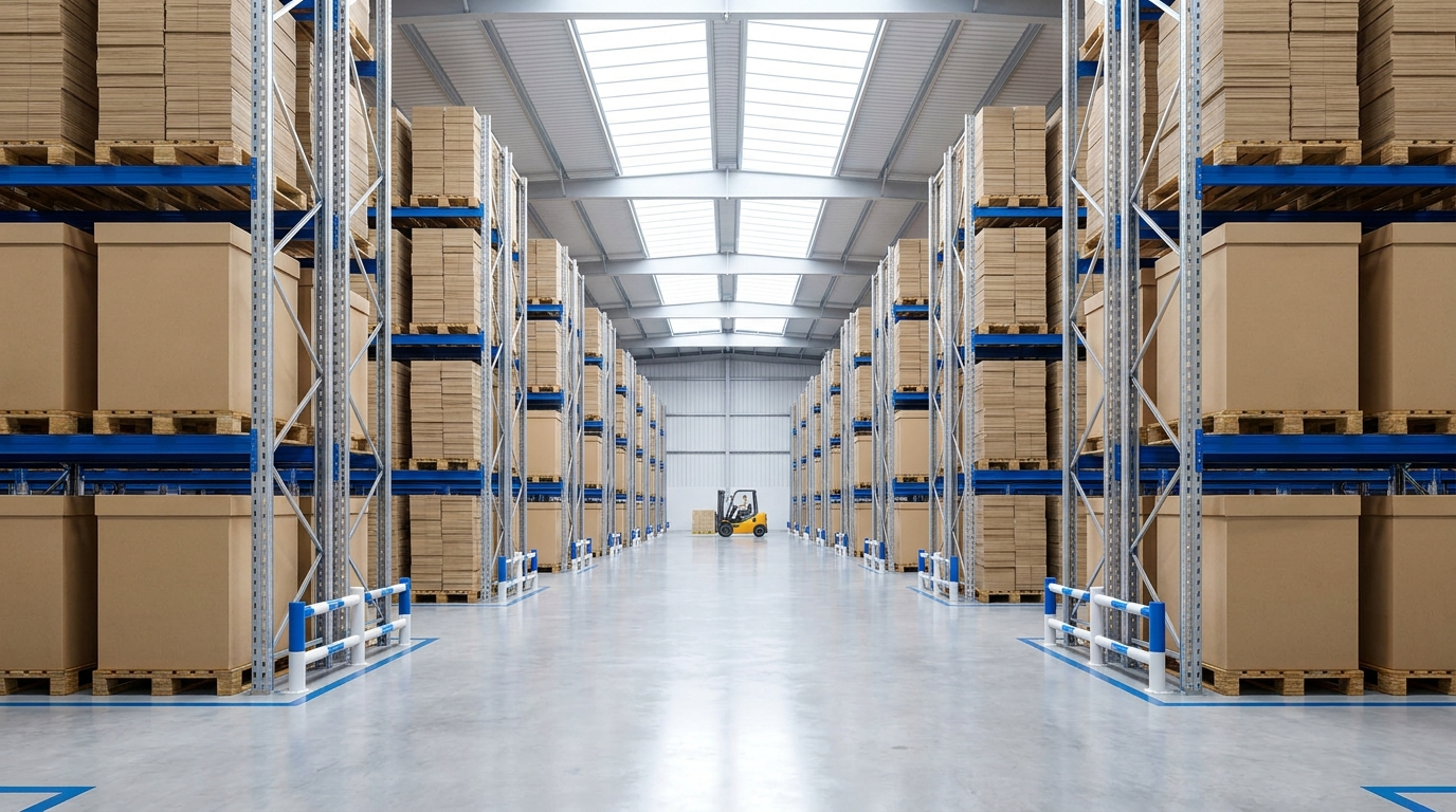 Modern warehouse interior in Bahrain with stacked pallets and storage racks