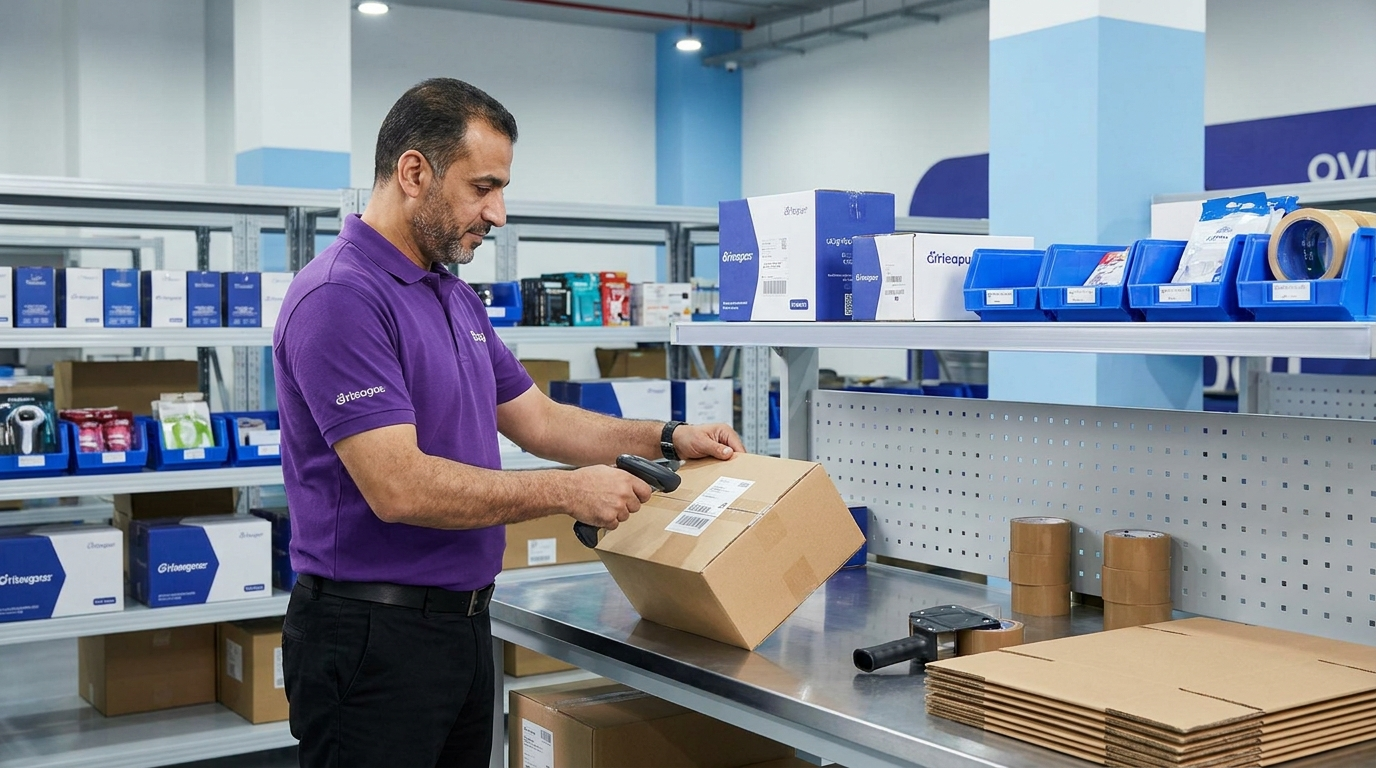 Oreem Bahraini warehouse worker in purple uniform picking and packing an ecommerce order in Bahrain