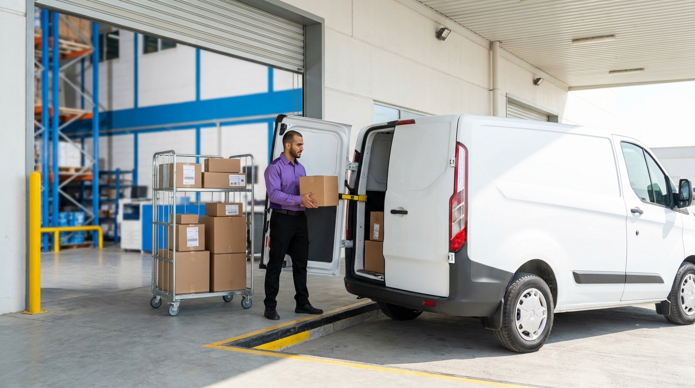 Oreem Bahraini courier in purple uniform loading a delivery van for last-mile delivery in Bahrain