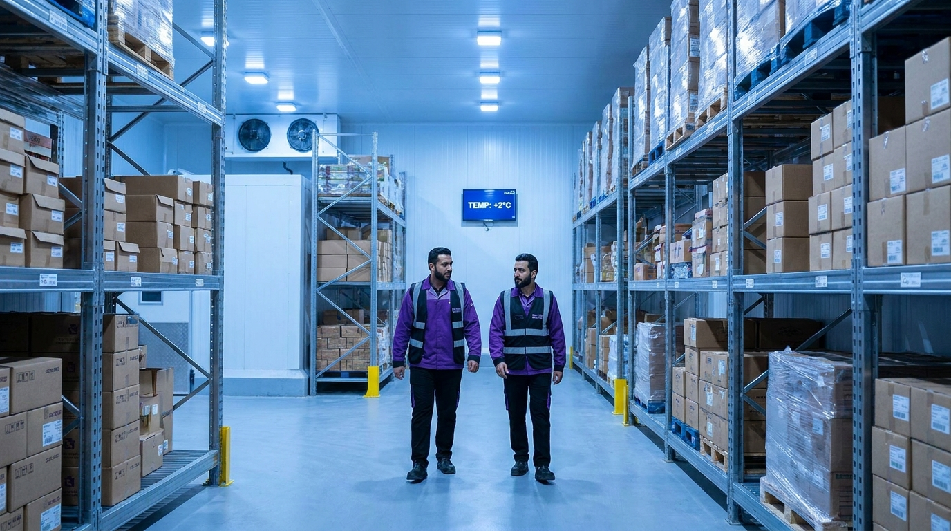 Oreem Bahraini staff in purple uniform in a temperature-controlled cold storage warehouse in Bahrain