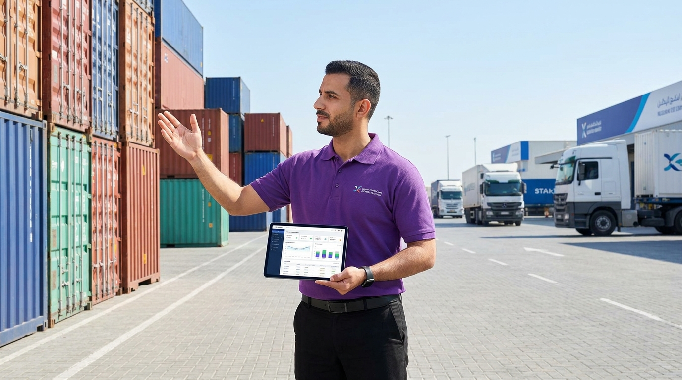 Oreem logistics manager in purple uniform at a Bahrain distribution hub with shipping containers