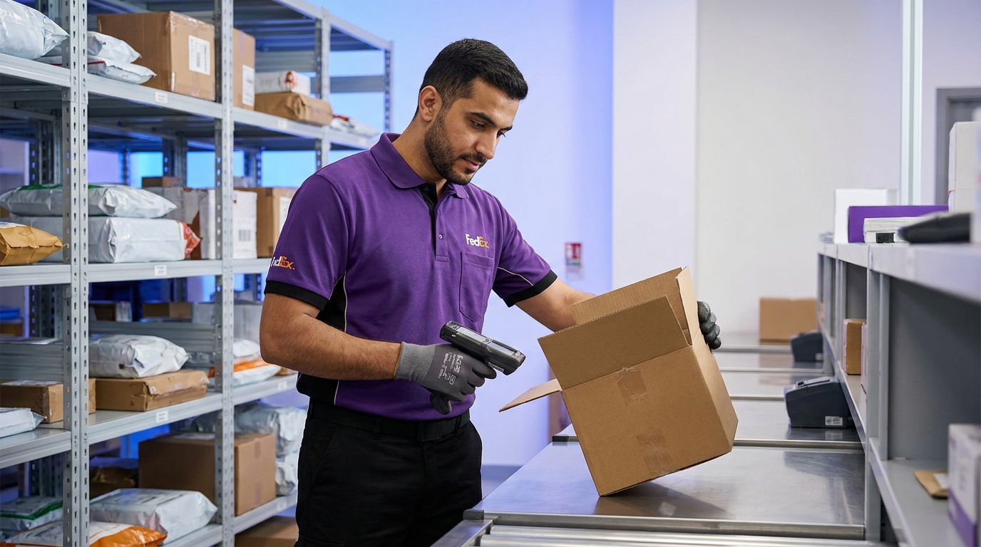 Oreem worker in purple uniform inspecting a returned parcel at a Bahrain returns counter