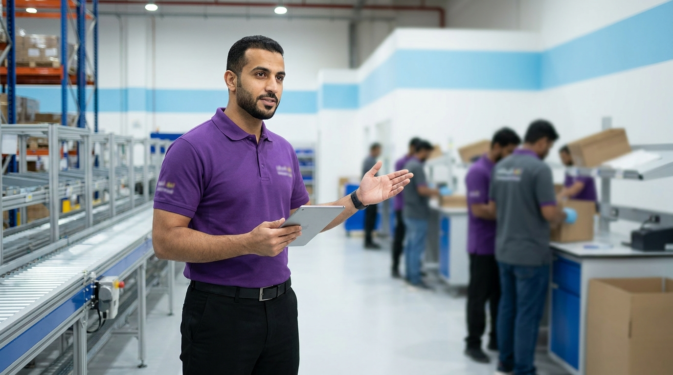 Oreem supervisor in purple uniform overseeing order fulfillment in a Bahrain warehouse
