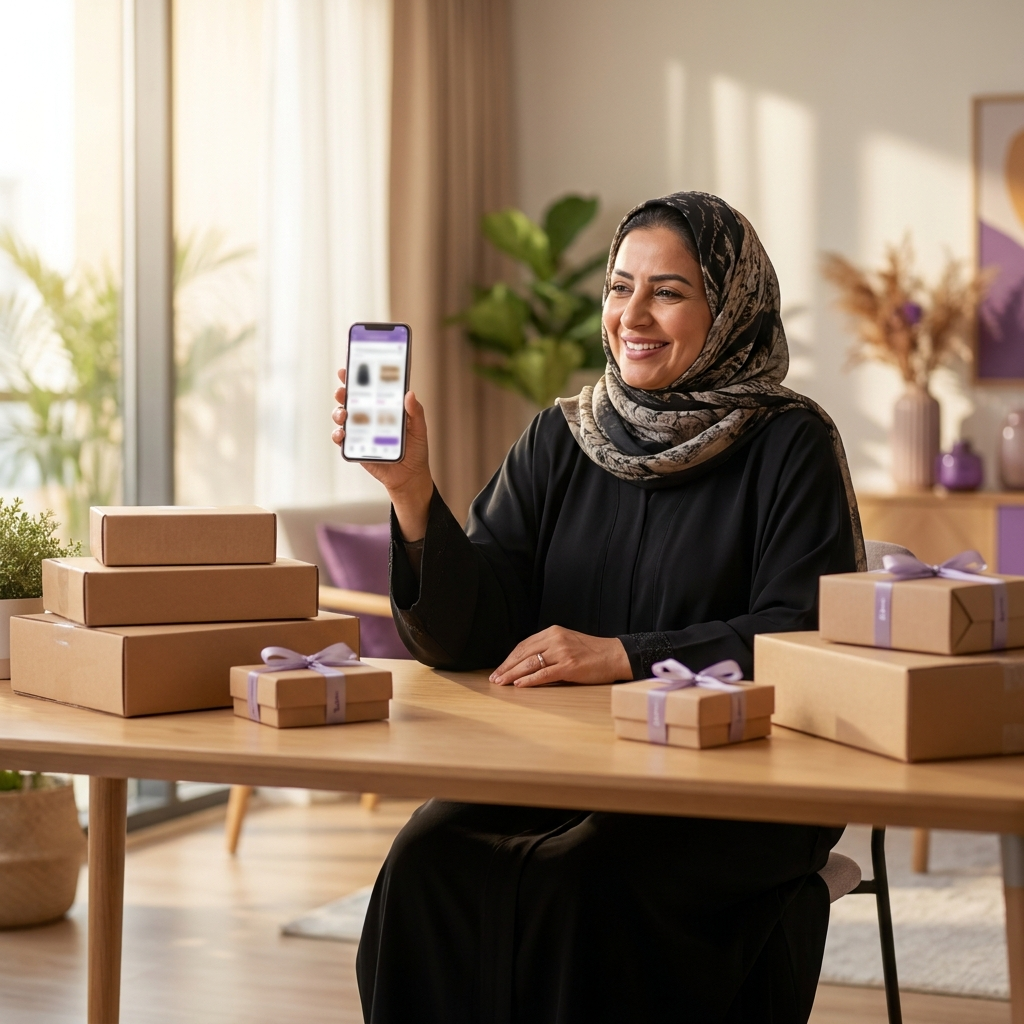Gulf Arab woman home business owner in Bahrain packing Instagram shop orders for Oreem delivery