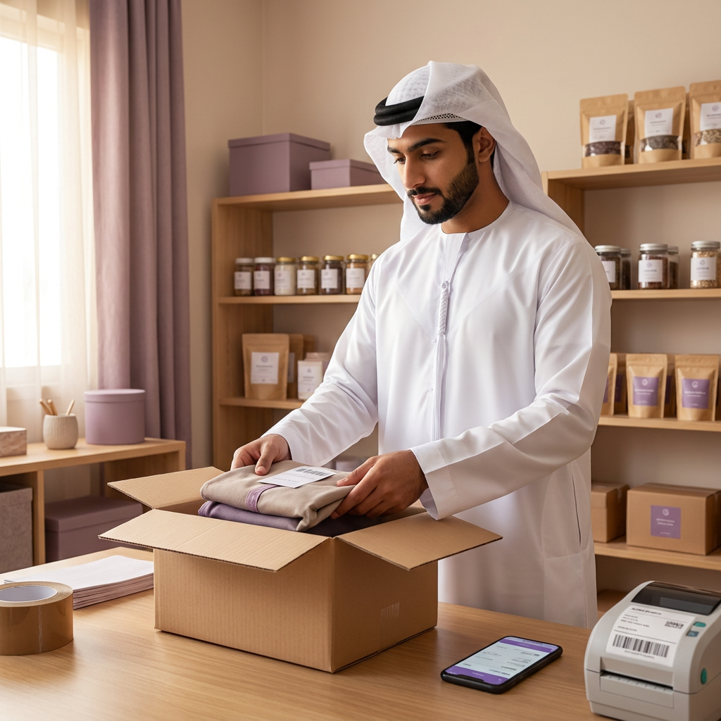 Gulf Arab home business owner packing an online order at a home packing station in Bahrain