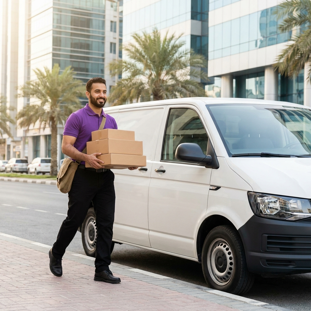 Oreem courier in purple uniform loading a delivery van for same-day delivery in Manama Bahrain