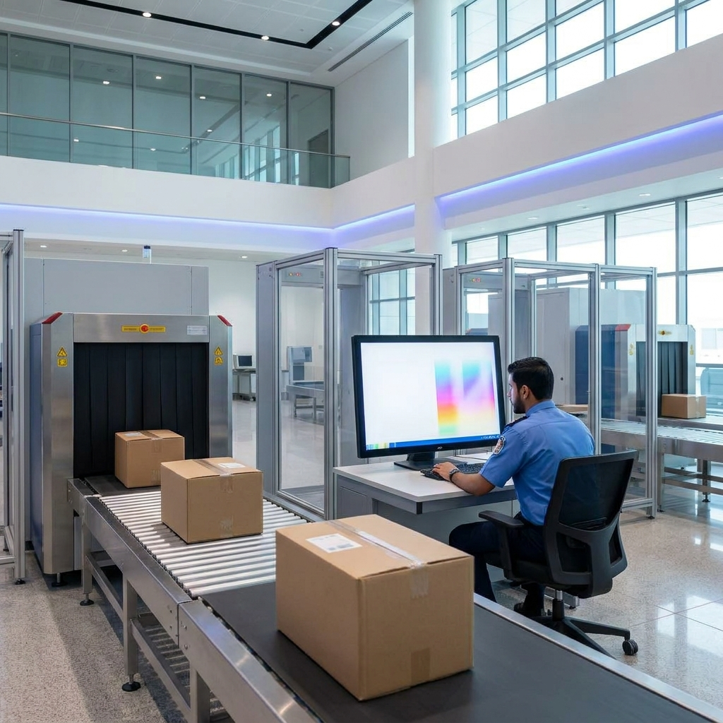 Cardboard parcels passing through an X-ray customs scanner at a Bahrain customs facility