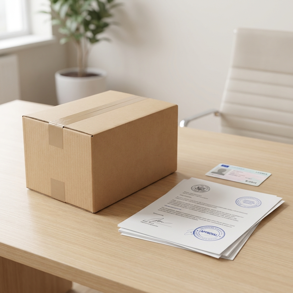 A parcel with official permit and licence documents for restricted goods in Bahrain
