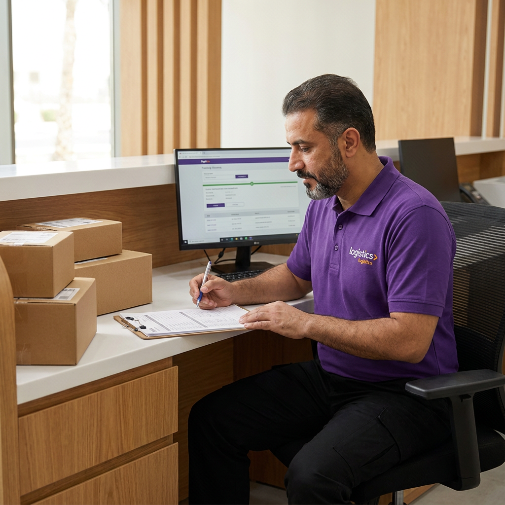 Oreem customs clearance agent in purple uniform reviewing shipment documents in Bahrain