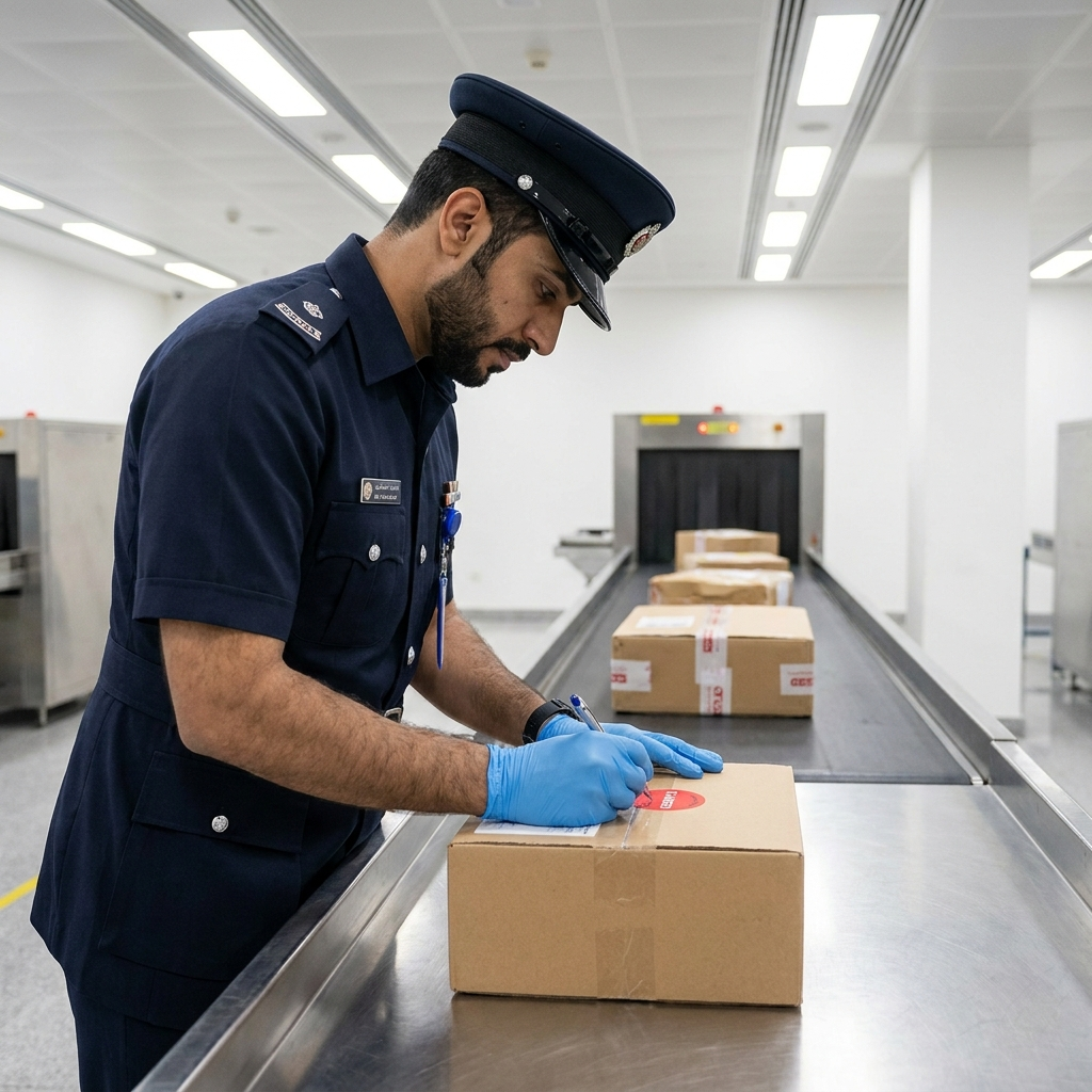 Bahrain customs officer inspecting a flagged parcel set aside for checking