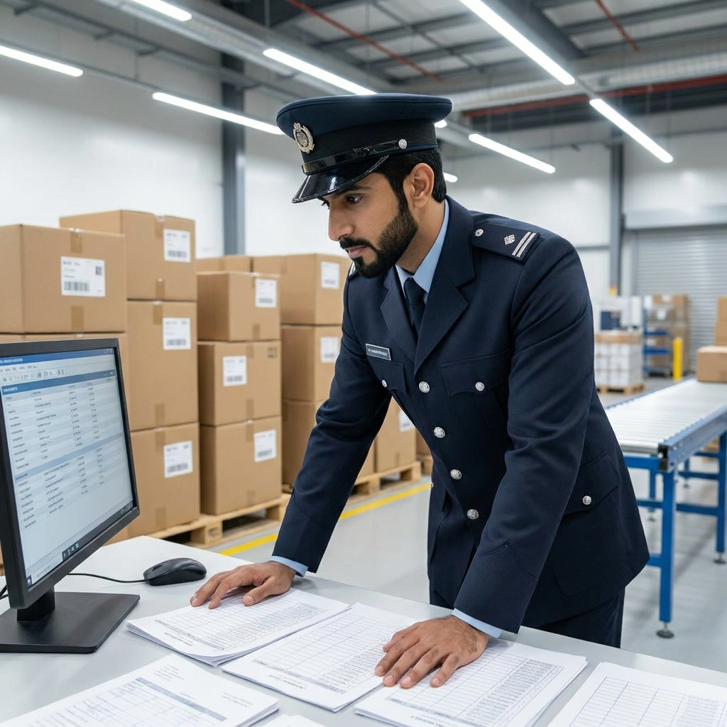 Bahrain customs officer reviewing shipment documents at a clearance desk