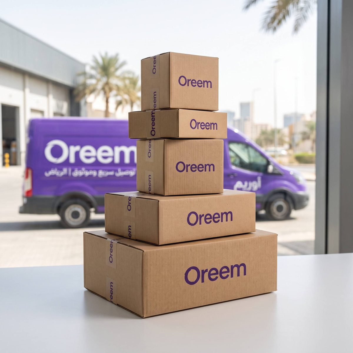 Stack of Oreem-branded kraft parcels ready for shipping