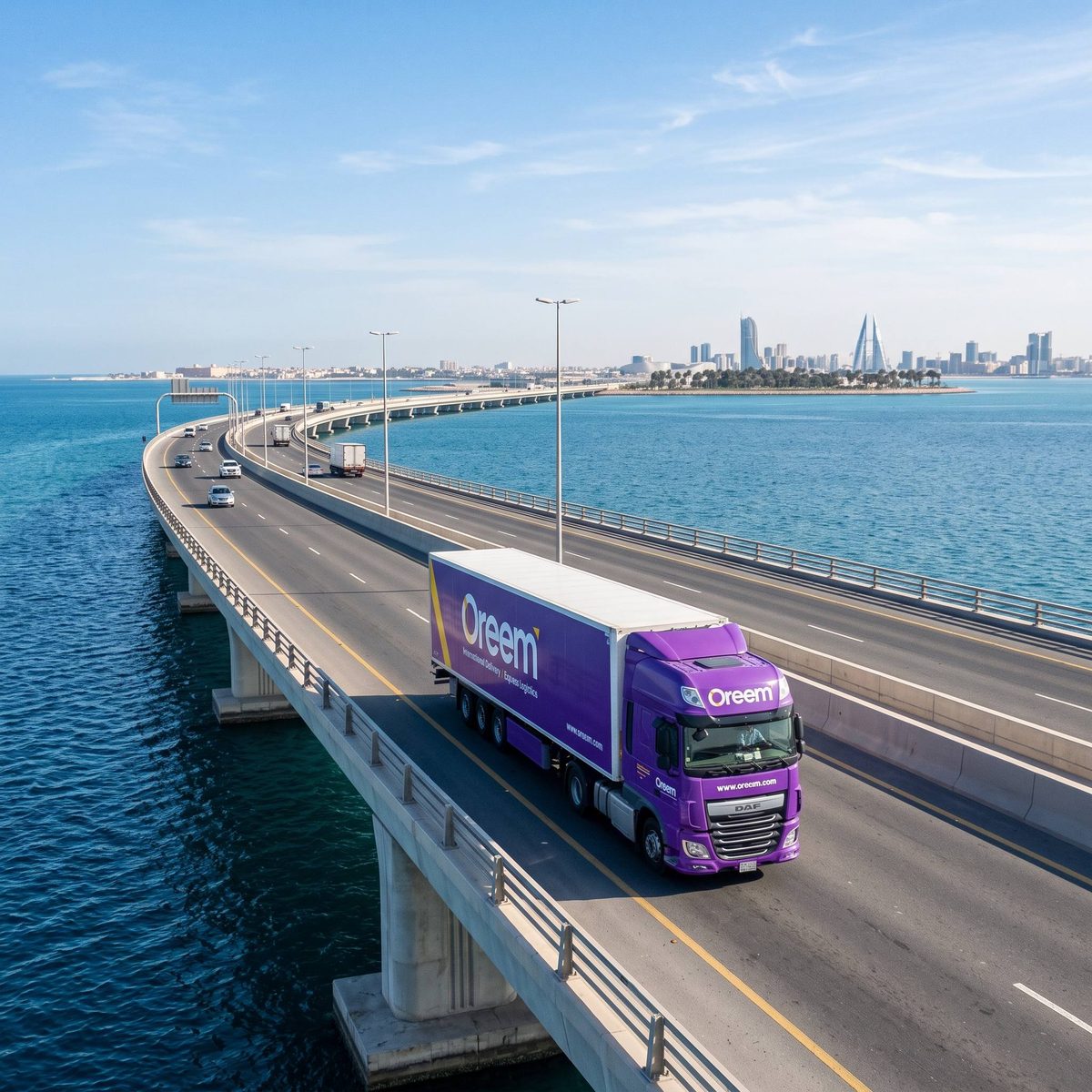 Oreem purple delivery truck crossing the King Fahd Causeway toward the Bahrain skyline