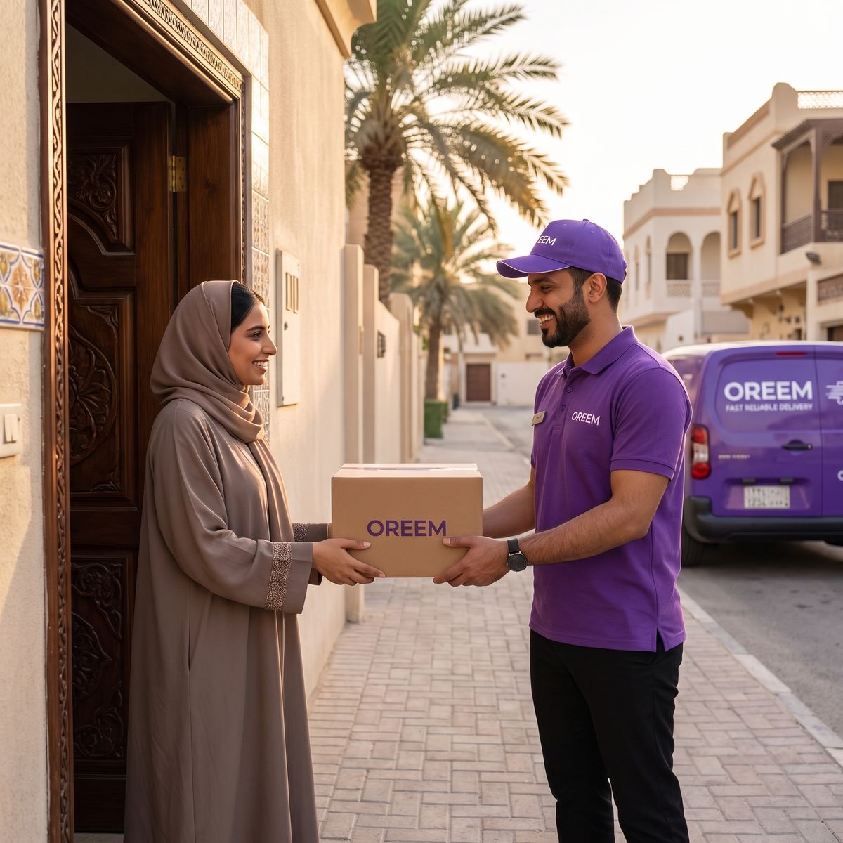 Oreem courier handing a parcel to a customer with cash on delivery in Bahrain
