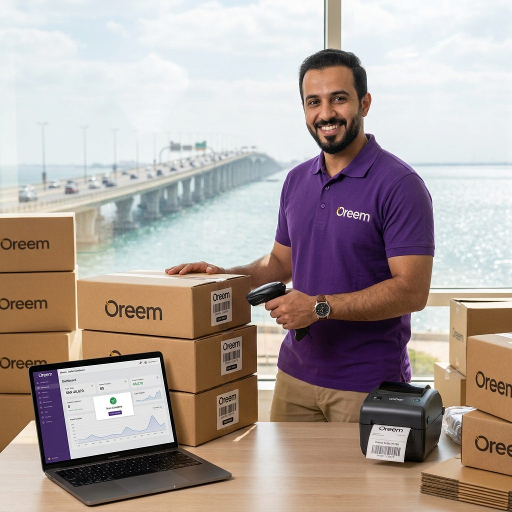 Oreem courier loading a delivery van in Bahrain with e-commerce orders for Saudi Arabia