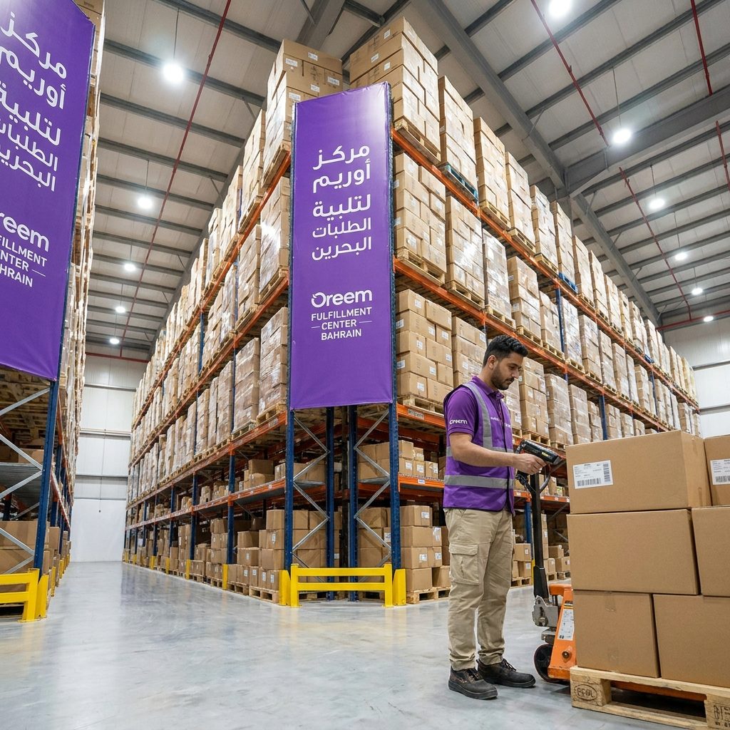 Oreem fulfillment warehouse in Bahrain with shelves of parcels and staff using a barcode scanner