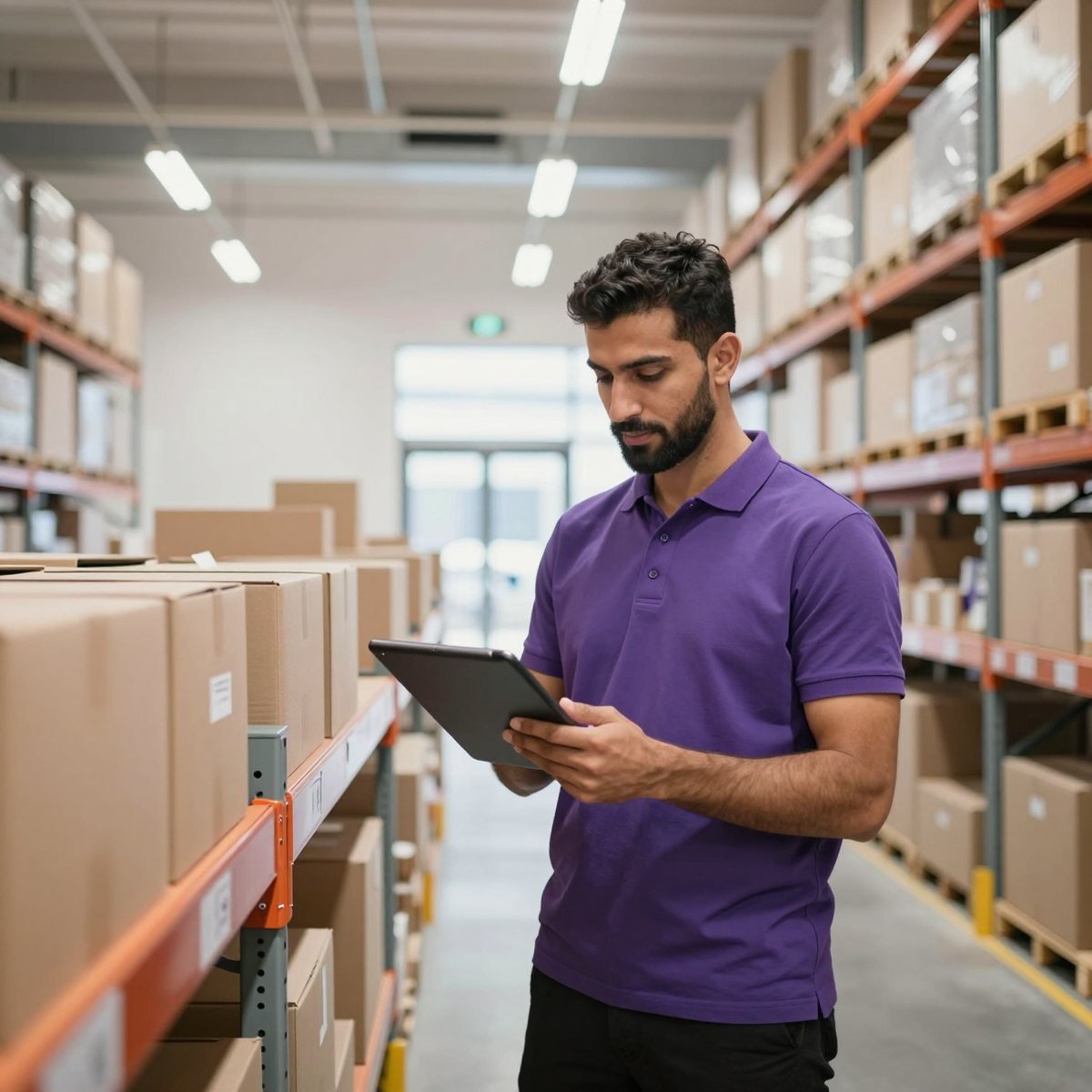 Oreem staff checking inventory levels on a tablet in a Bahrain warehouse