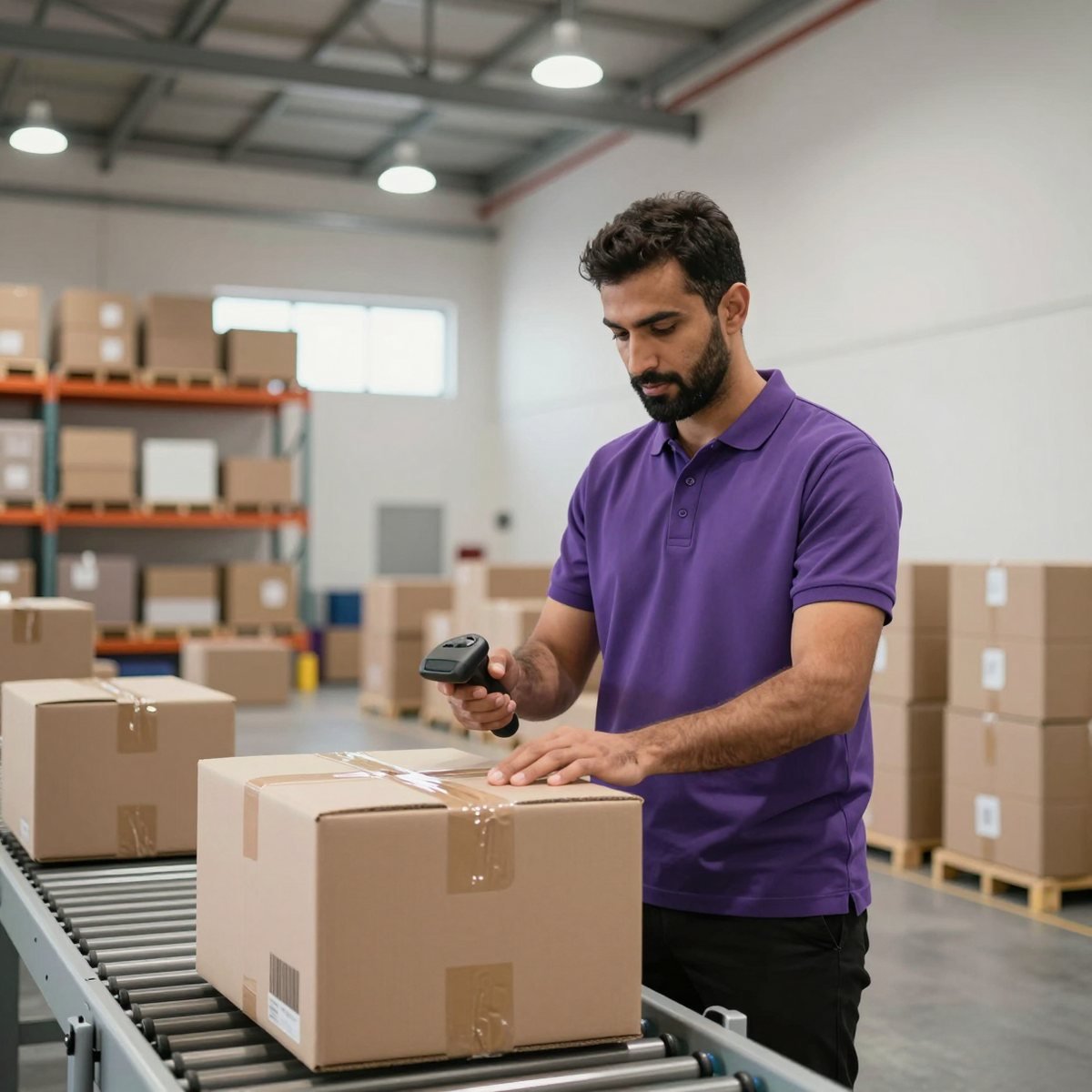 Oreem 3PL warehouse worker scanning a carton on a conveyor in Bahrain