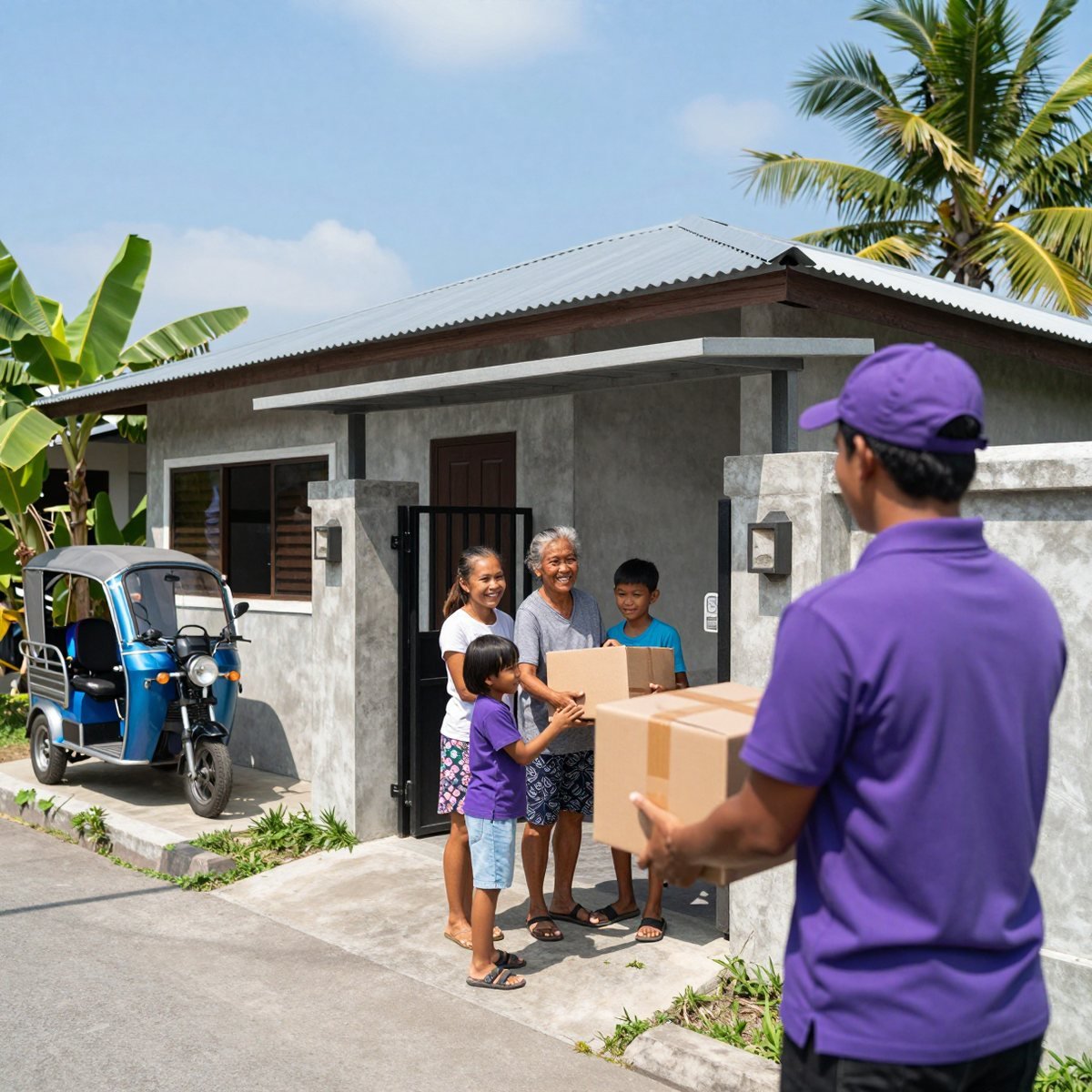 Courier handing a balikbayan box from Bahrain to a family in the Philippines