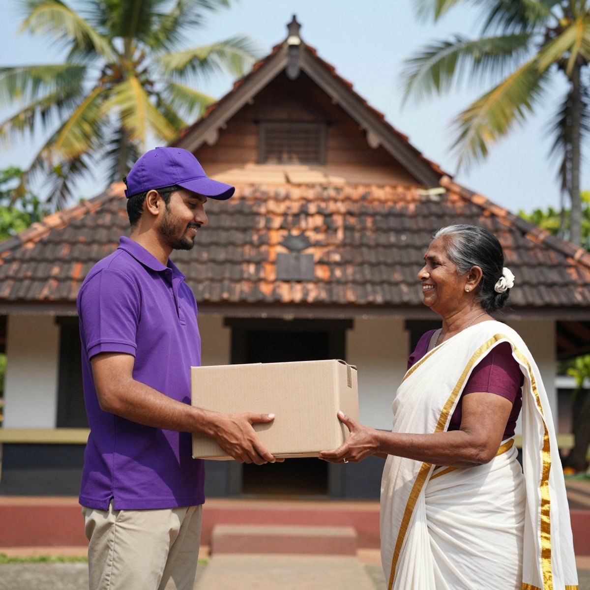 Courier delivering a cargo box from Bahrain to a family home in Kerala, India