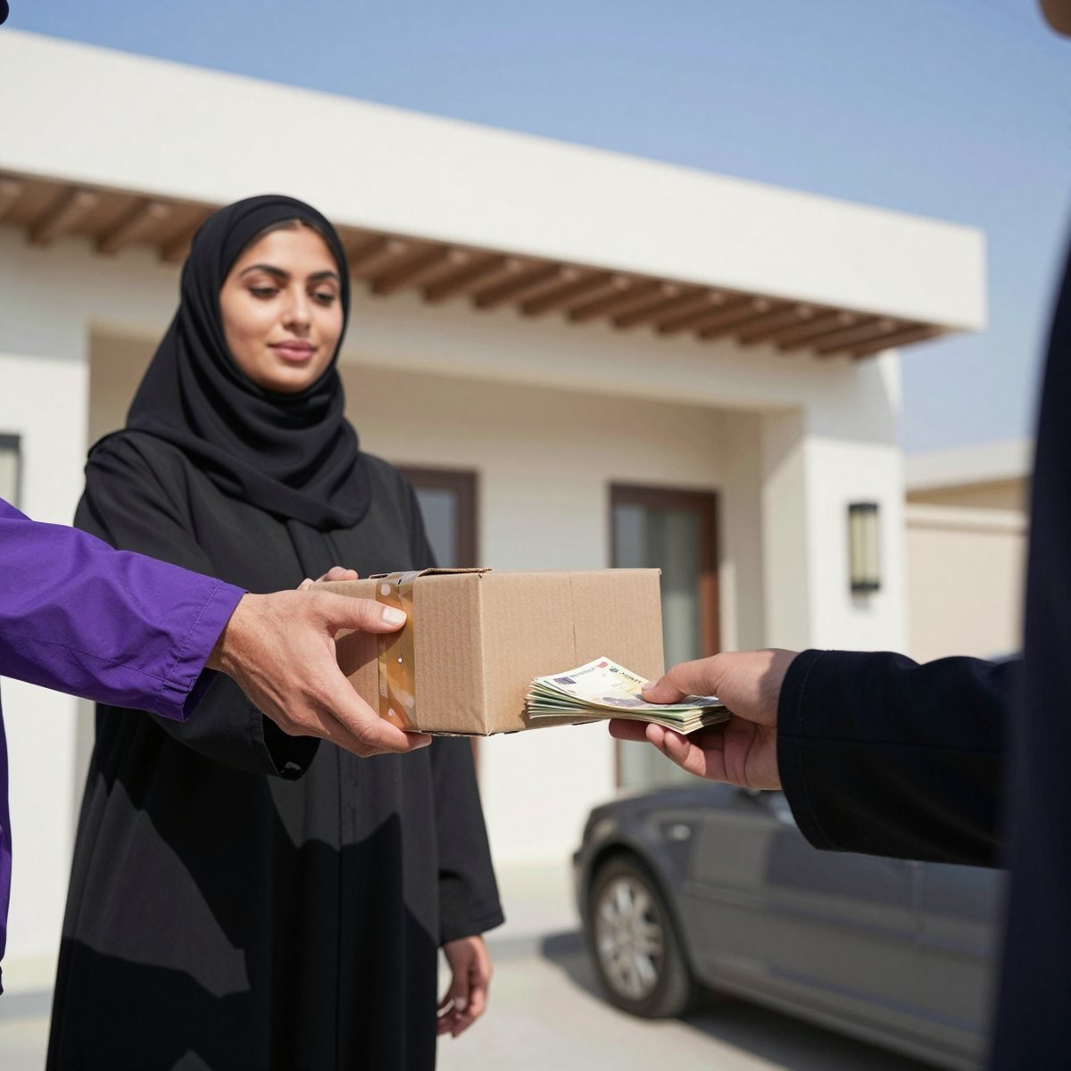 Oreem courier collecting cash on delivery for an online order at a home in Bahrain