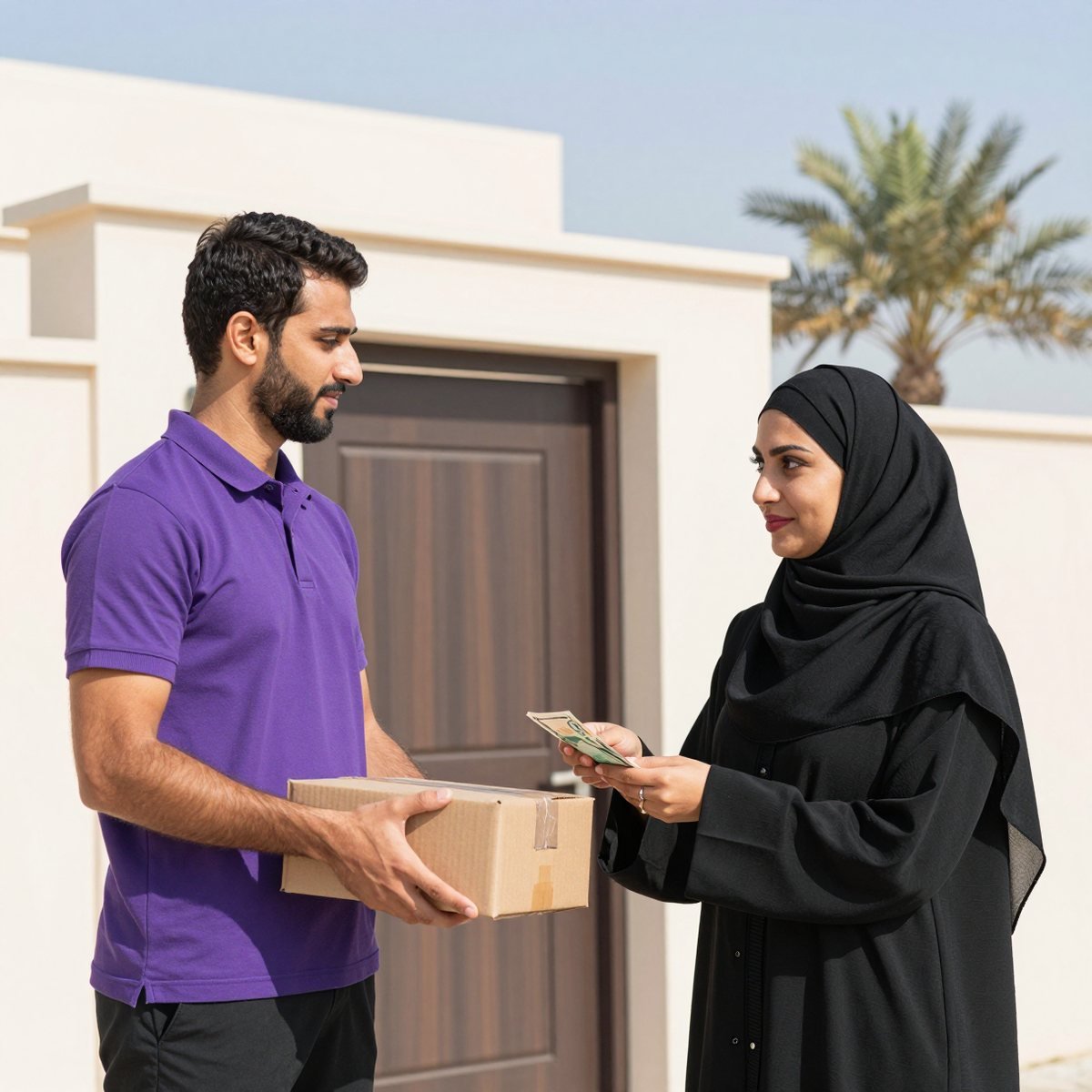 Oreem courier collecting payment on delivery at a doorstep in Bahrain