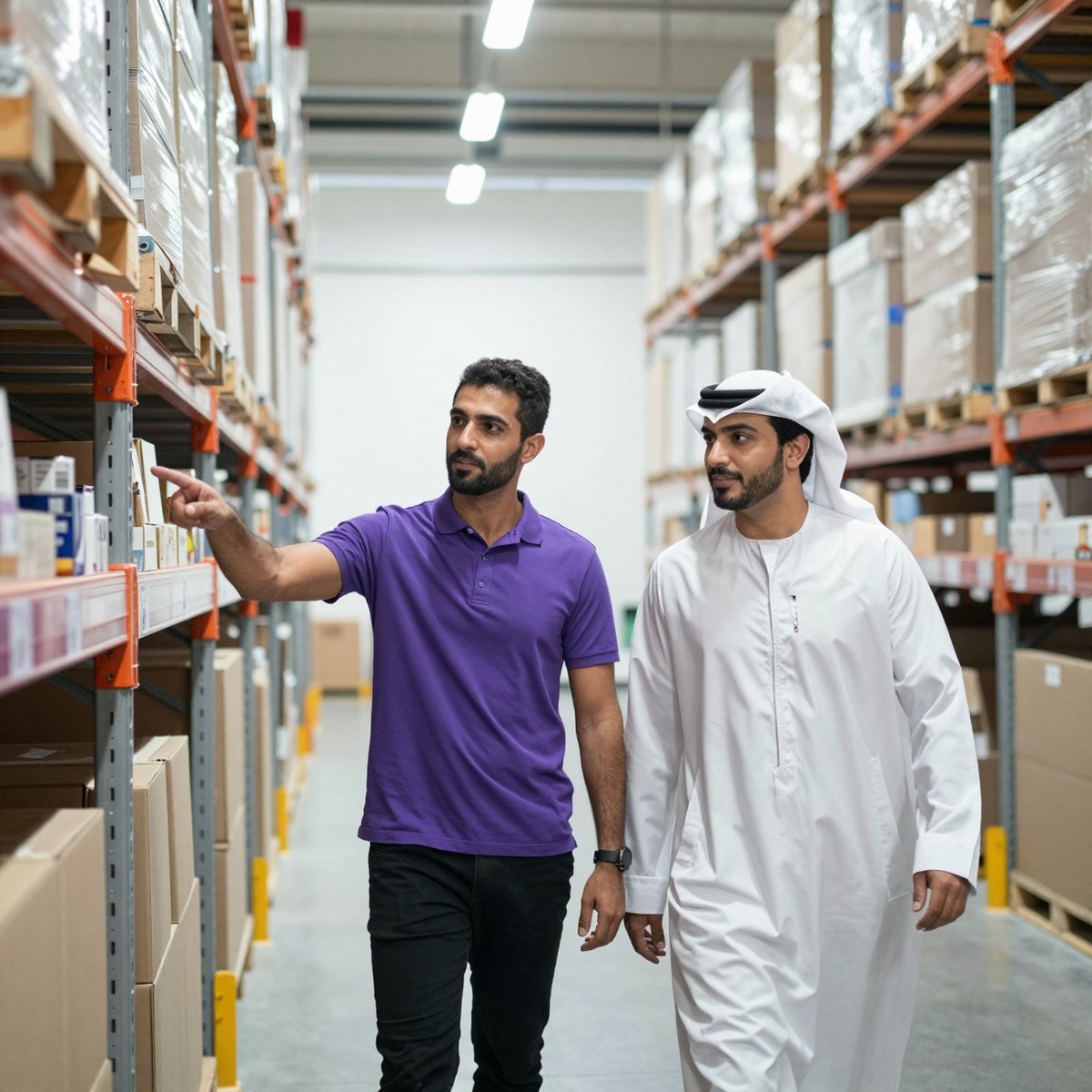 Oreem manager showing a business client around the 3PL warehouse in Bahrain