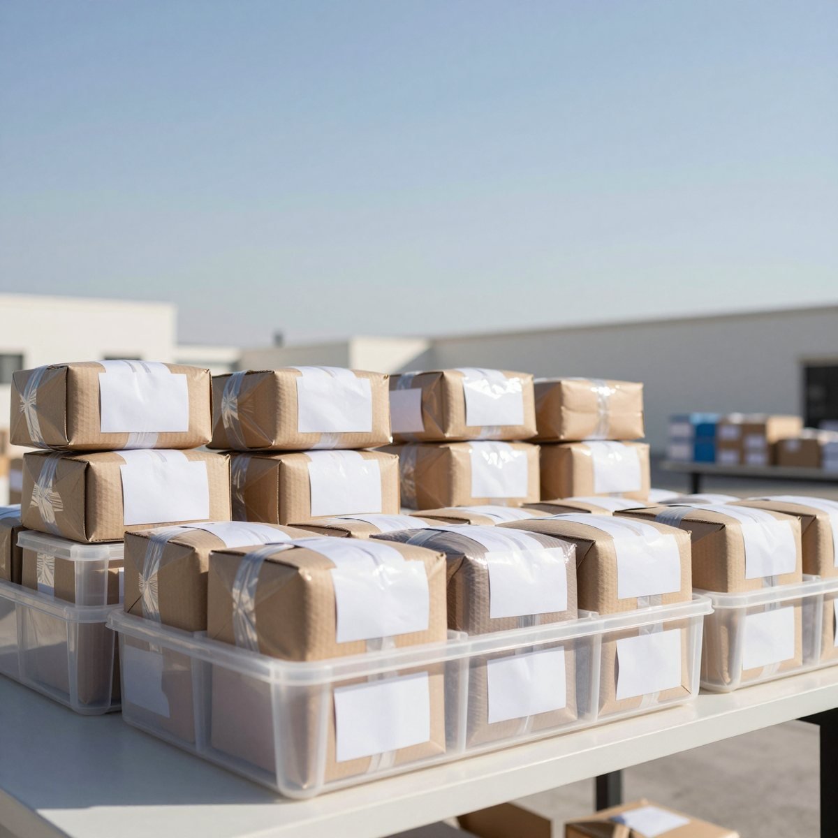 Labelled order parcels packed in crates and ready for dispatch in Bahrain