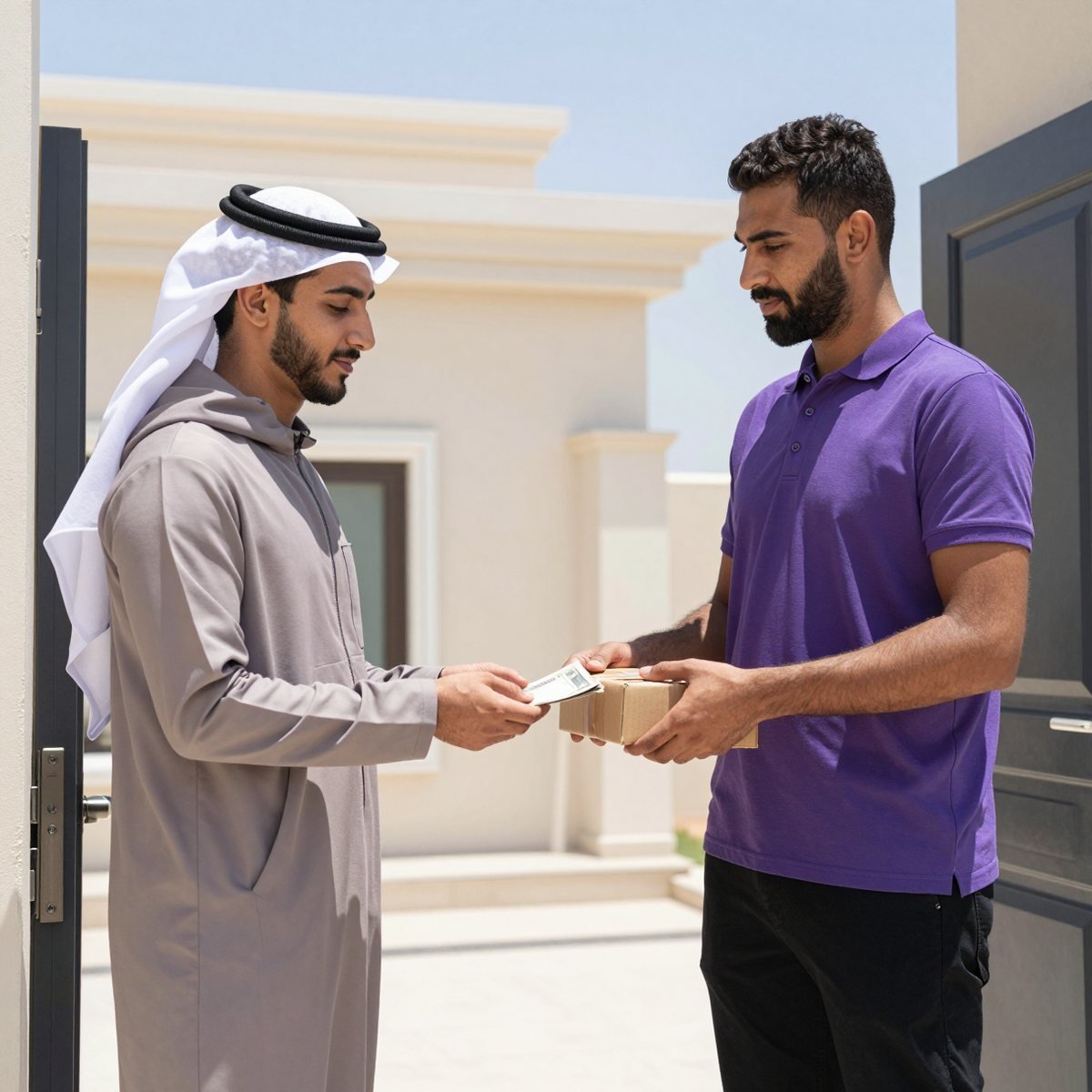 Oreem courier collecting a cash on delivery payment at a door in Bahrain