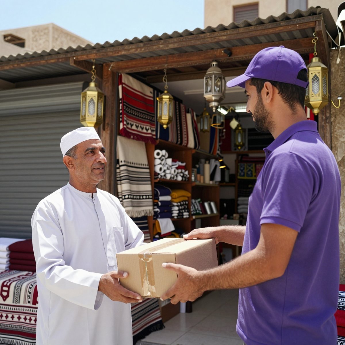 Oreem collecting a parcel in Egypt for shipping to Bahrain