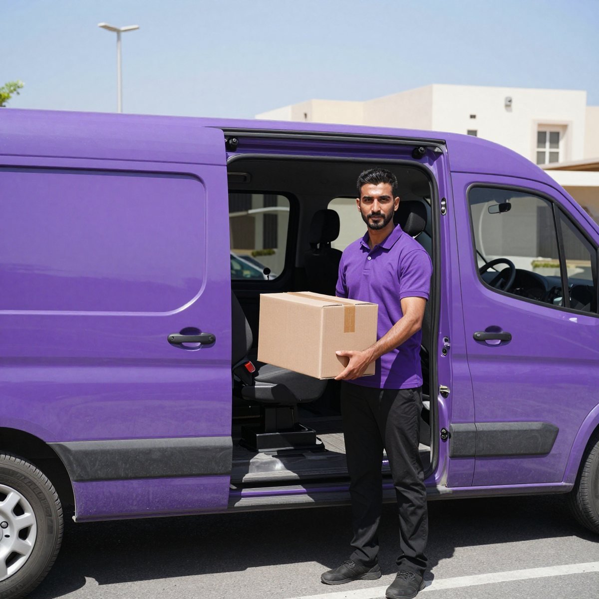 Oreem courier in purple uniform loading a delivery van in Bahrain for fast shipping to Riyadh