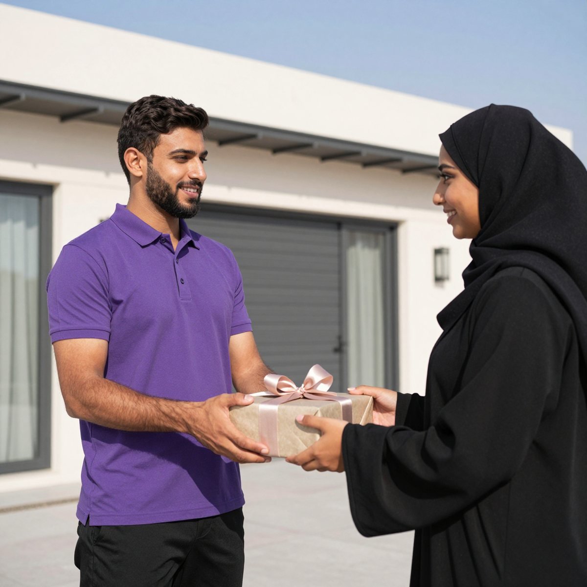 Oreem courier handing a wrapped gift to a happy recipient at the door in Bahrain