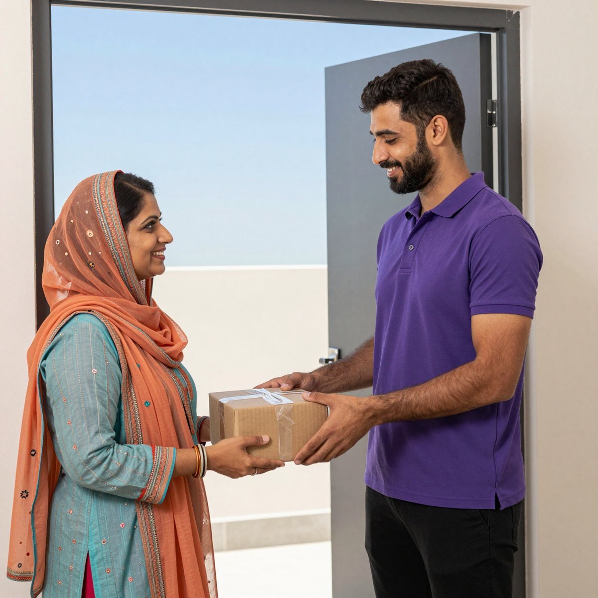 Oreem delivering a India parcel to a door in Bahrain