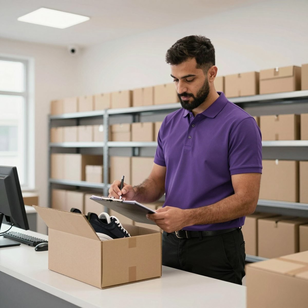 Oreem worker checking a returned online order at a warehouse counter