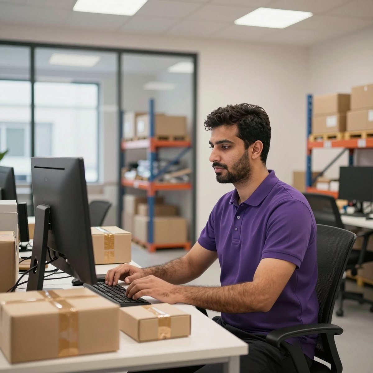 Oreem team member processing online store orders at a computer