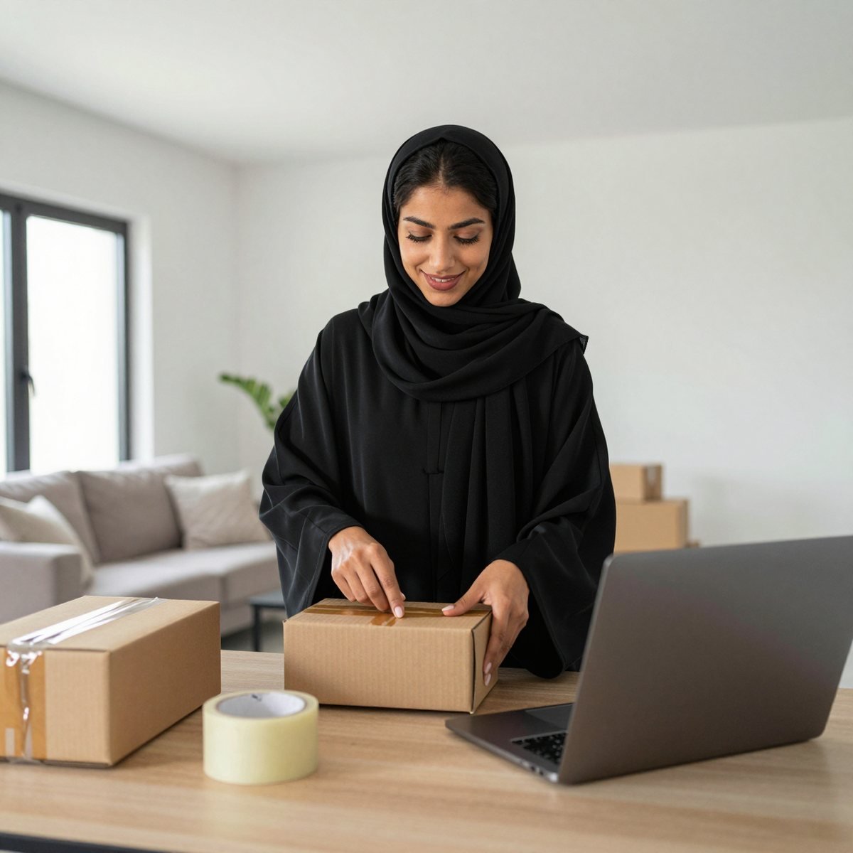 Bahraini online store owner packing a customer order for delivery