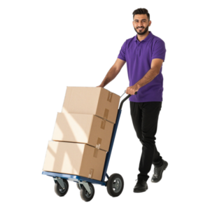 Oreem fulfillment staff member pushing a hand trolley loaded with boxes