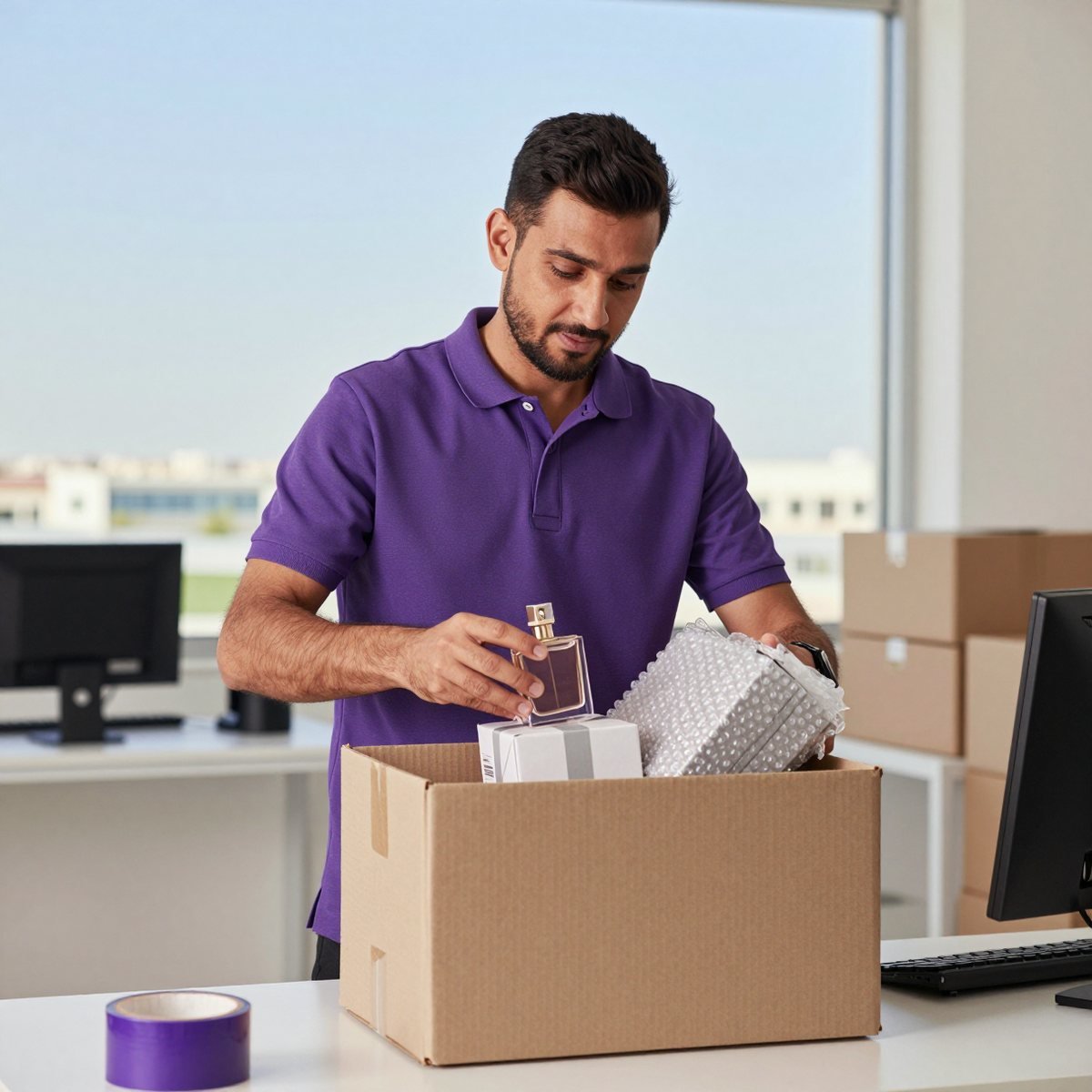 Oreem professionally packing a parcel in Bahrain for shipping to Egypt