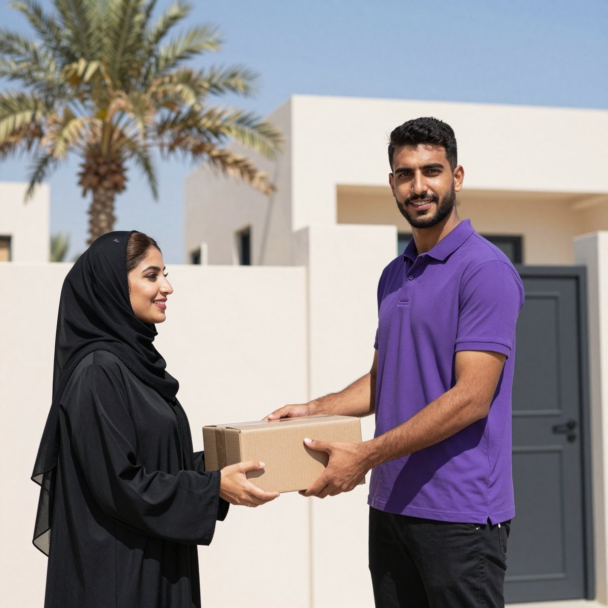 Oreem delivering a parcel to a door in Bahrain
