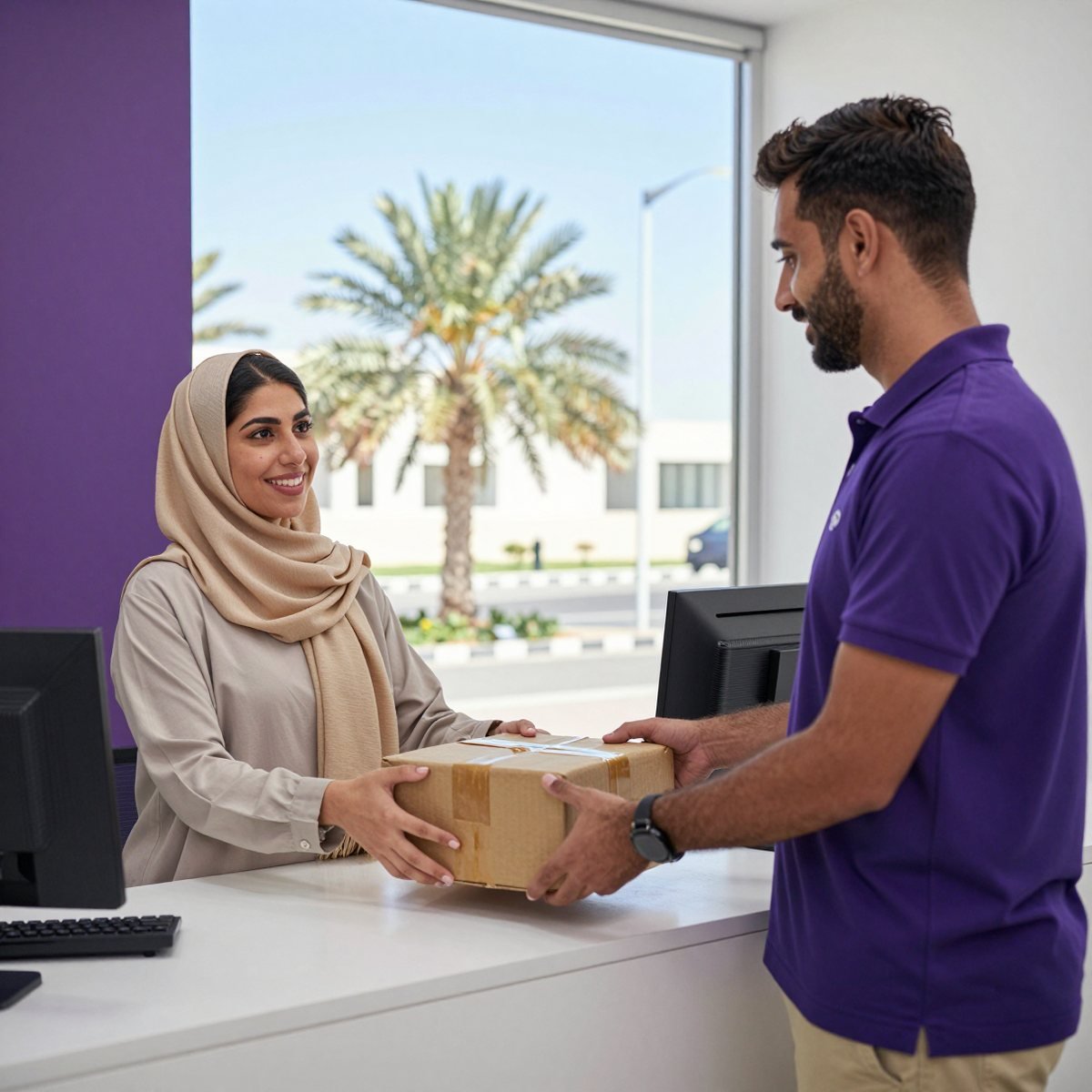 Oreem collecting a parcel in Bahrain for shipping to Egypt