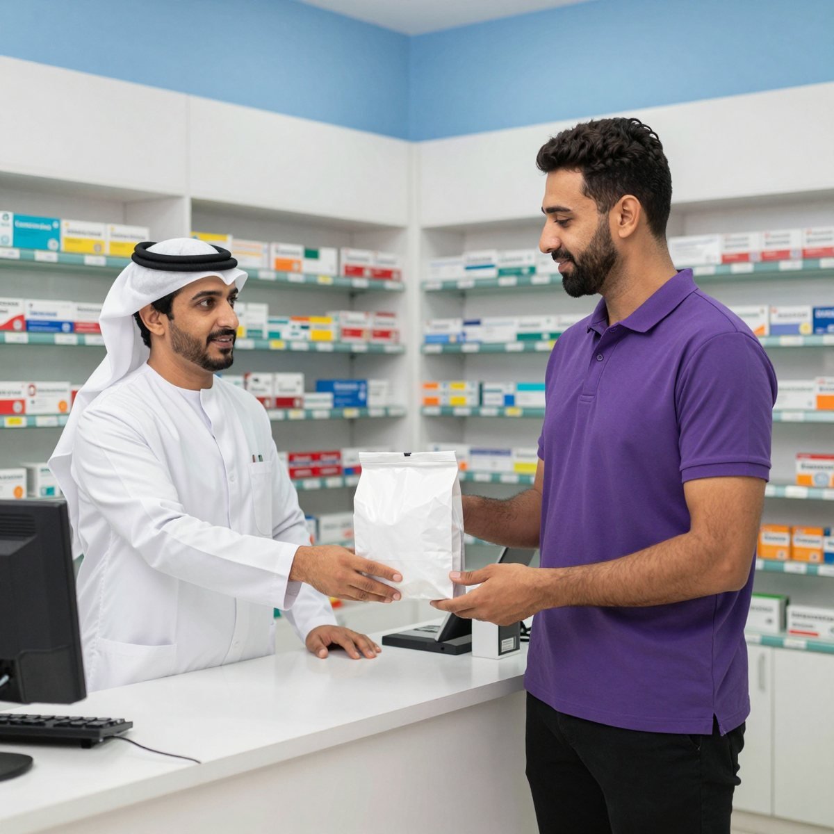 Oreem collecting a pharmacy order in Bahrain for same-day medicine delivery