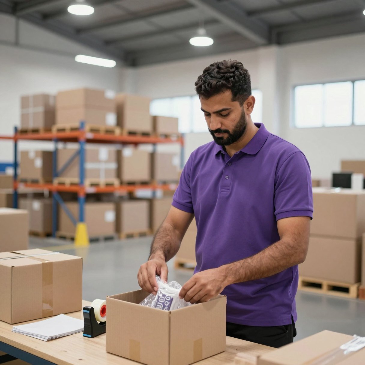 Packing station with bubble wrap and boxes ready for peak season orders in Bahrain