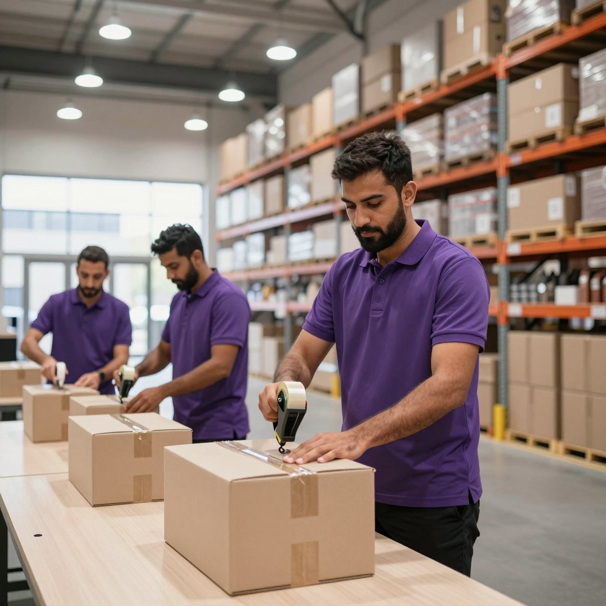 Oreem team sealing cartons of online orders during a busy sale in Bahrain